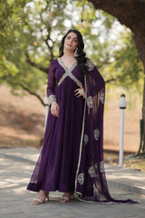 Purple Color Designer Faux Blooming Gown with Full Sleeves, Zari Sequins Work & Matching Dupatta.