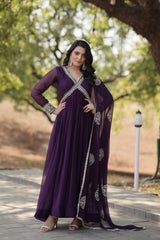 Purple Color Designer Faux Blooming Gown with Full Sleeves, Zari Sequins Work & Matching Dupatta.