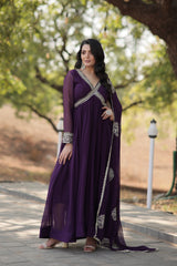 Purple Color Designer Faux Blooming Gown with Full Sleeves, Zari Sequins Work & Matching Dupatta.