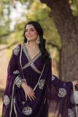 Purple Color Designer Faux Blooming Gown with Full Sleeves, Zari Sequins Work & Matching Dupatta.