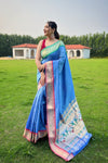 Blue Paithani Weaving Saree with Ganga Jamuna Border: Elegant Rich Pallu, All-Over Buttis, and New Concept Design.