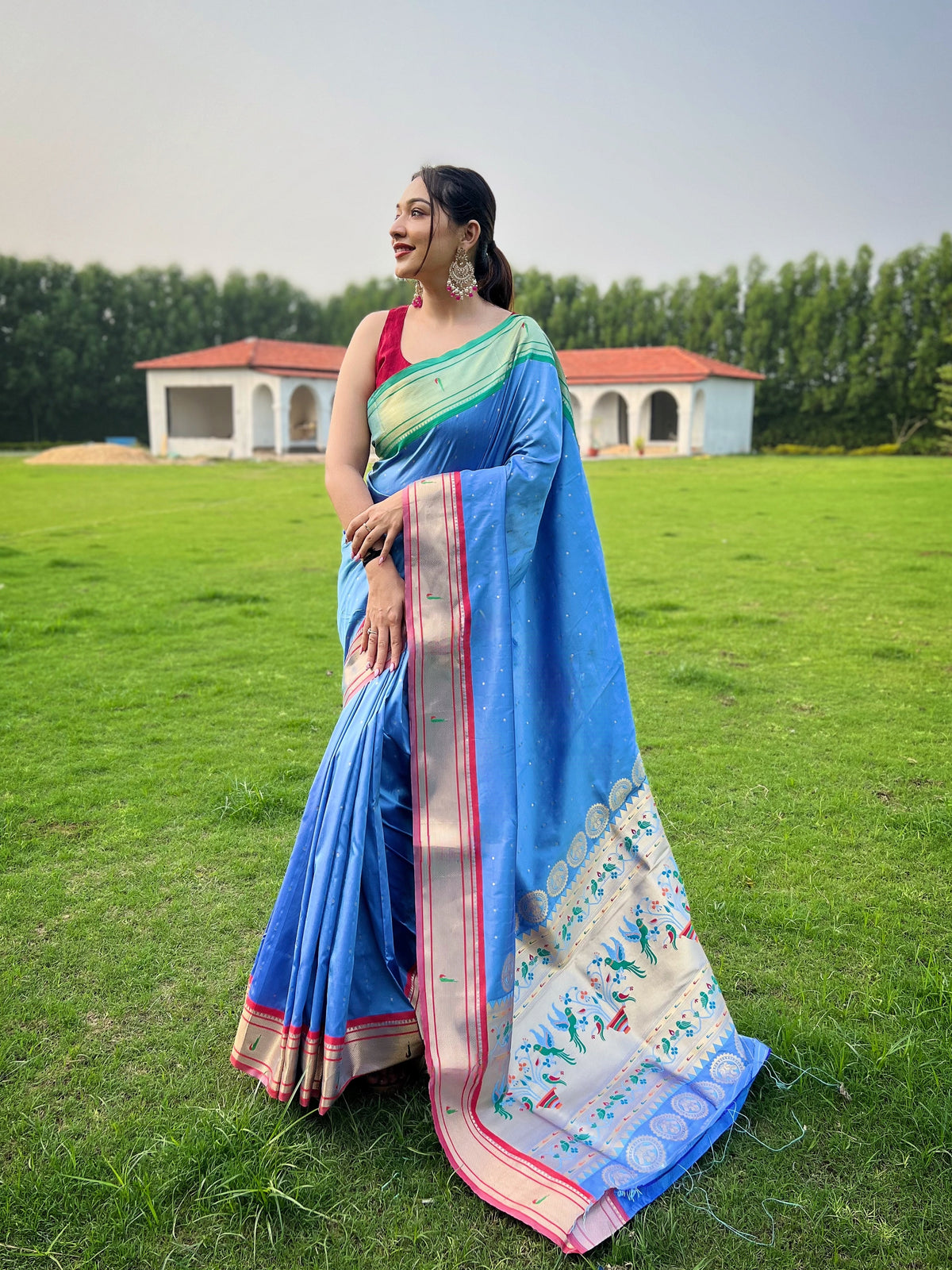 Blue Paithani Weaving Saree with Ganga Jamuna Border: Elegant Rich Pallu, All-Over Buttis, and New Concept Design.