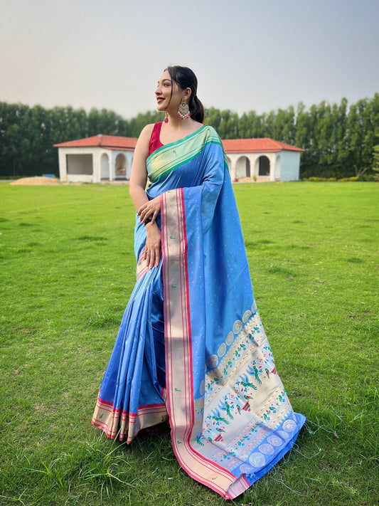 Blue Heavy Design Paithani Weaving Saree with Ganga Jamuna Border