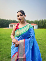 Blue Paithani Weaving Saree with Ganga Jamuna Border: Elegant Rich Pallu, All-Over Buttis, and New Concept Design.