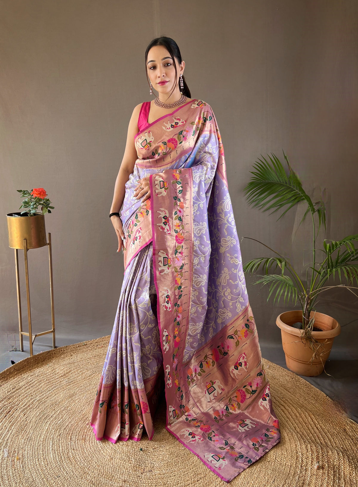 Beautiful Lavender Lucknowi Weaving Saree with Paithani and Patola Fusion - Rich Meenakari Pallu, Elegant Border, Natural Concept with Golden Zari Blend, and Contrast Blouse.