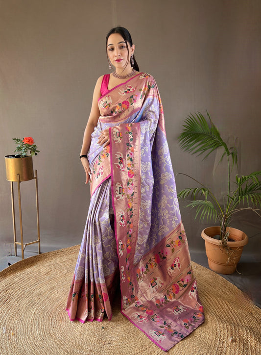 Lavender Lucknowi Weaving Saree with Paithani and Patola Fusion