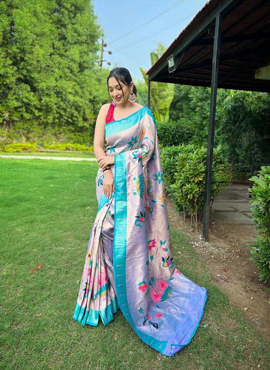 Lavender Color Pure Paithani Saree For Women