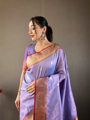 Lavender Color Paithani Silk Saree with Rich Contrast Weaving Pallu, Border & Beautiful Buttis | Conceptual Brocade Unstitched Blouse Piece Included.