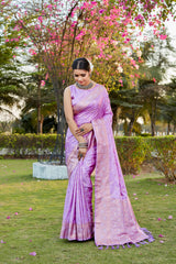 Lavender Pure Kanjivaram Soft Satin Silk Saree With Satin Blouse