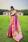 Lavender Color Paithani Weaving Saree with Ganga Jamuna Border: Elegant Rich Pallu, All-Over Buttis, and New Concept Design.