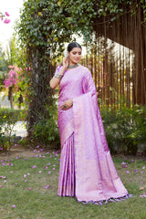 Lavender Kanjivaram Soft Satin Silk Saree For Women