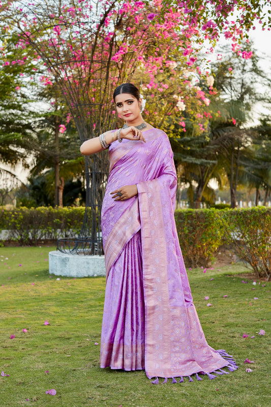 Lavender Pure Kanjivaram Soft Satin Silk Saree With Satin Blouse