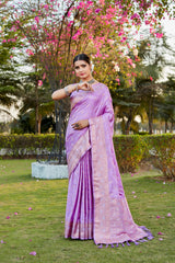 Lavender Pure Kanjivaram Soft Satin Silk Saree With Satin Blouse