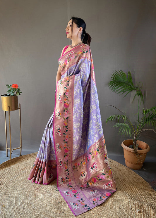 Beautiful Lavender Lucknowi Weaving Saree with Paithani and Patola Fusion - Rich Meenakari Pallu, Elegant Border, Natural Concept with Golden Zari Blend, and Contrast Blouse.