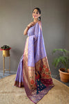 Lavender Color Paithani Silk Saree with Rich Contrast Weaving Pallu, Border & Beautiful Buttis | Conceptual Brocade Unstitched Blouse Piece Included.