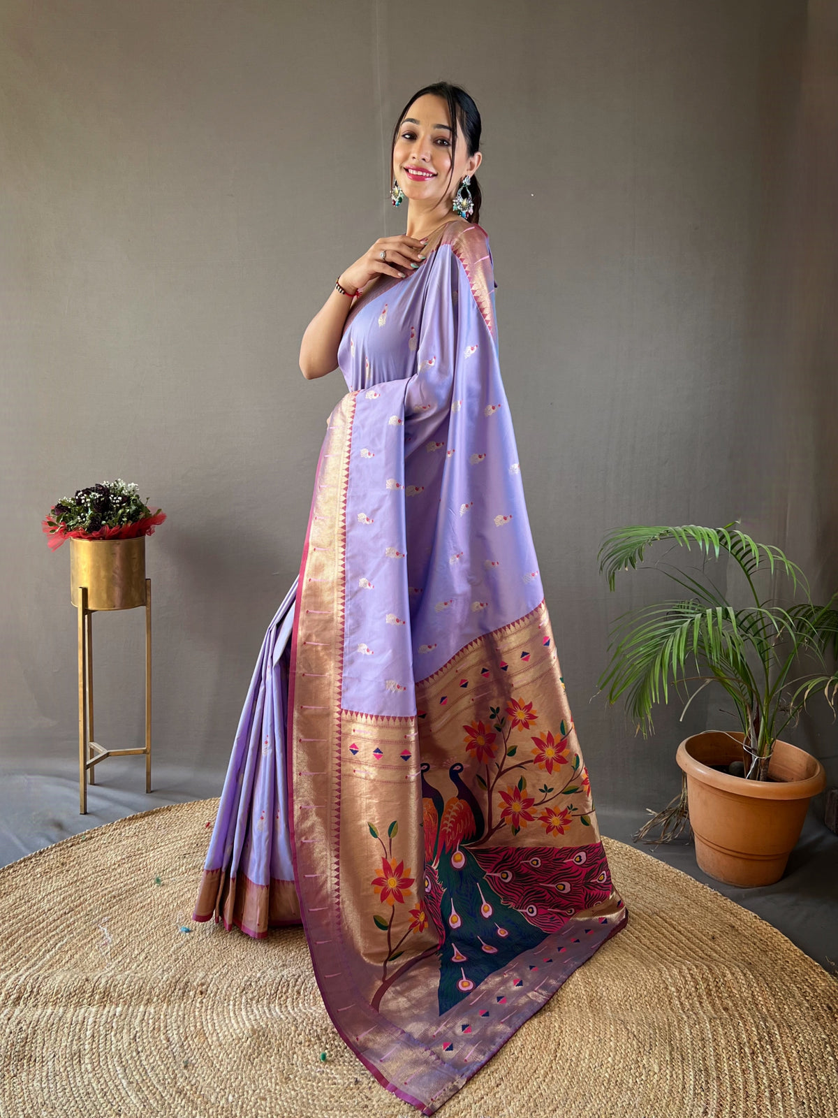 Lavender Color Paithani Silk Saree with Rich Contrast Weaving Pallu, Border & Beautiful Buttis | Conceptual Brocade Unstitched Blouse Piece Included.