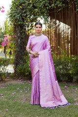 Lavender Kanjivaram Soft Satin Silk Saree For Women