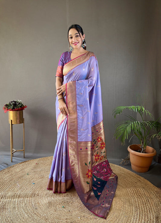 Lavender Color Paithani Silk Saree with Unstitched Blouse