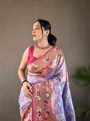 Beautiful Lavender Lucknowi Weaving Saree with Paithani and Patola Fusion - Rich Meenakari Pallu, Elegant Border, Natural Concept with Golden Zari Blend, and Contrast Blouse.