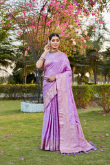 Lavender Pure Kanjivaram Soft Satin Silk Saree With Satin Blouse