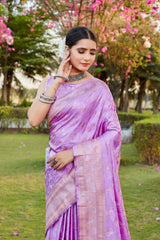 Lavender Pure Kanjivaram Soft Satin Silk Saree With Satin Blouse