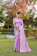 Lavender Pure Kanjivaram Soft Satin Silk Saree With Satin Blouse