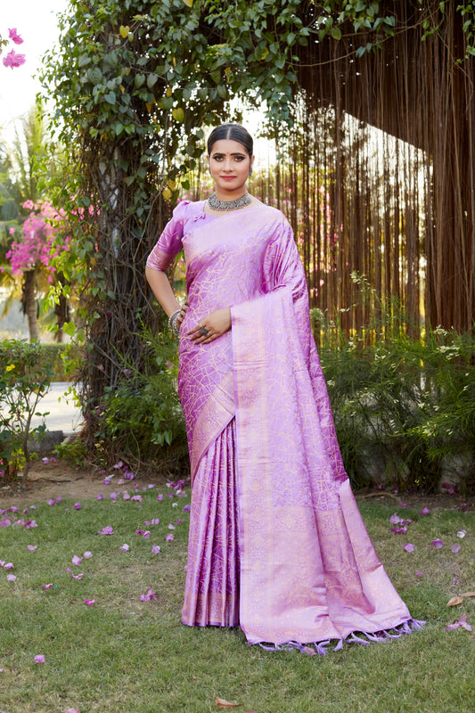 Lavender Kanjivaram Soft Satin Silk Saree For Women