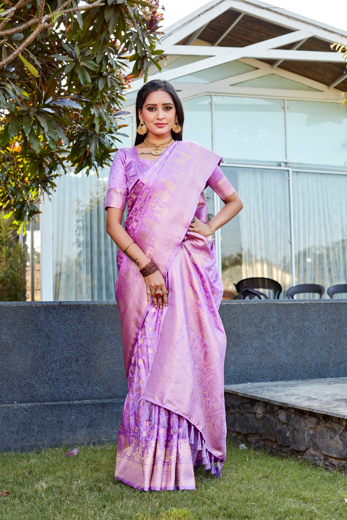 Exclusive Budget-Friendly Lavender Wedding Soft Satin Silk Sarees | Premium Quality with All-Over Weaving, Woven Border & Rich Pallu with Tassels.