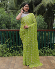 Elegant Lemon Color Moss Chiffon Saree with Foil Print – Perfect for Festivals and Weddings | Imported Silk Blouse Included.