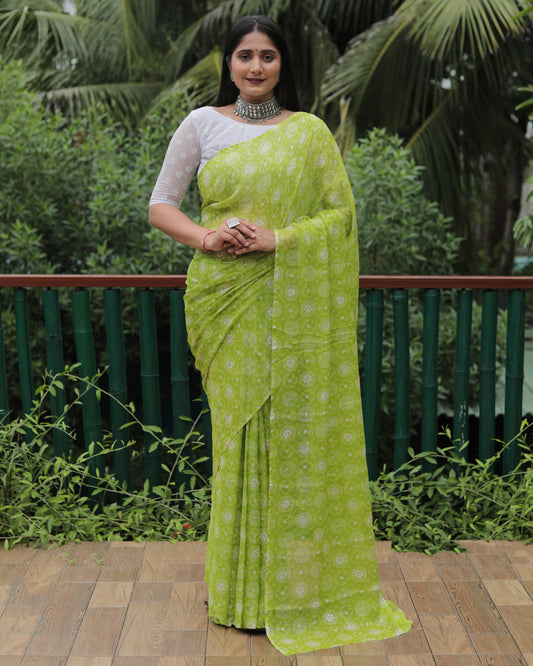 Elegant Lemon Color Moss Chiffon Saree with Foil Print – Perfect for Festivals and Weddings | Imported Silk Blouse Included.