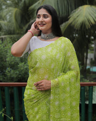 Elegant Lemon Color Moss Chiffon Saree with Foil Print – Perfect for Festivals and Weddings | Imported Silk Blouse Included.