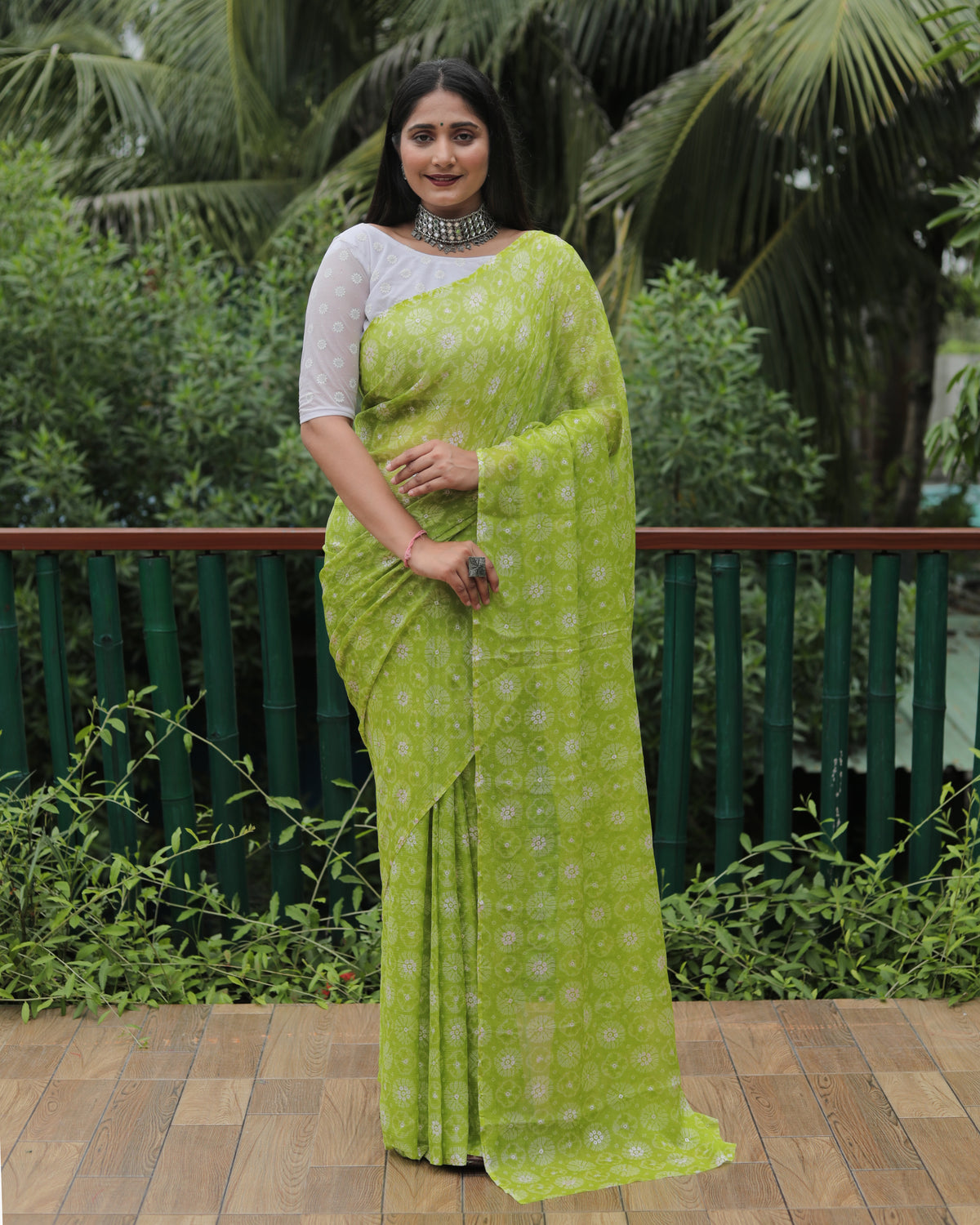 Elegant Lemon Color Moss Chiffon Saree with Foil Print – Perfect for Festivals and Weddings | Imported Silk Blouse Included.