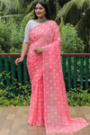 Elegant Light Pink Moss Chiffon Saree with Foil Print – Perfect for Festivals and Weddings | Imported Silk Blouse Included.