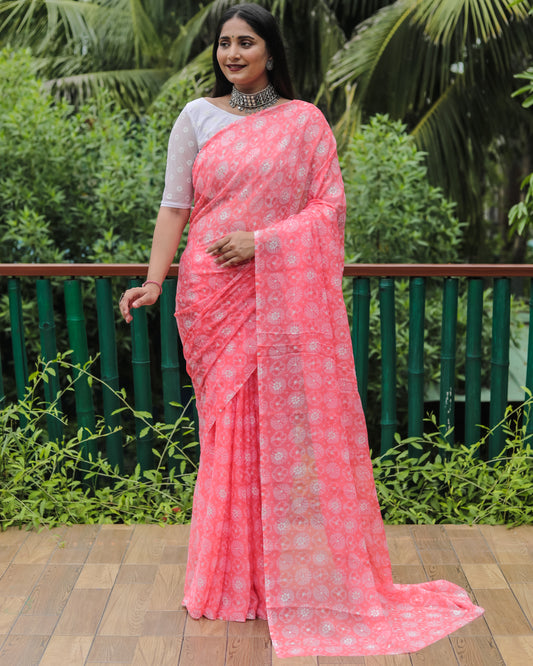 Elegant Light Pink Moss Chiffon Saree with Foil Print – Perfect for Festivals and Weddings | Imported Silk Blouse Included.