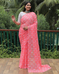 Elegant Light Pink Moss Chiffon Saree with Foil Print – Perfect for Festivals and Weddings | Imported Silk Blouse Included.