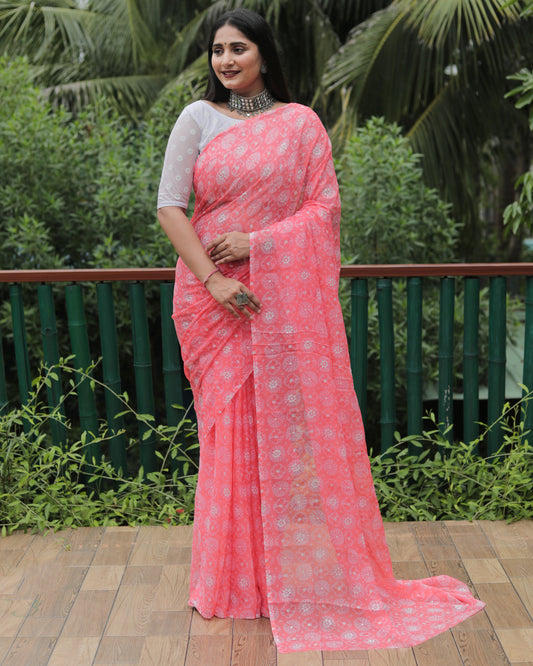 Elegant Light Pink Moss Chiffon Saree with Foil Print – Perfect for Festivals and Weddings | Imported Silk Blouse Included.