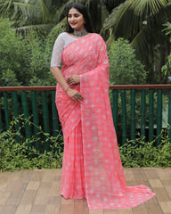 Elegant Light Pink Moss Chiffon Saree with Foil Print – Perfect for Festivals and Weddings | Imported Silk Blouse Included.