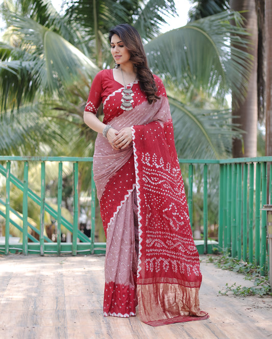 Light Red Pure Bandhej Silk Saree With Tissue Pallu