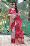 Premium Light Red Pure Bandhej Silk Saree with Zari Weaving, Rich Tissue Pallu & Unstitched Blouse Piece.