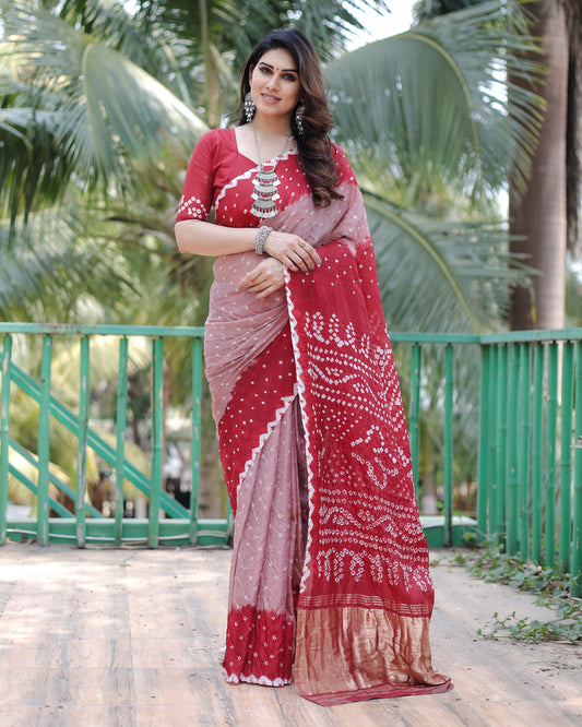 Premium Light Red Pure Bandhej Silk Saree with Zari Weaving, Rich Tissue Pallu & Unstitched Blouse Piece.