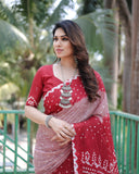 Light Red Pure Bandhej Silk Saree With Tissue Pallu