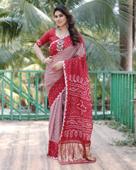 Premium Light Red Pure Bandhej Silk Saree with Zari Weaving, Rich Tissue Pallu & Unstitched Blouse Piece.