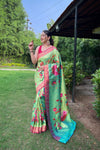 Light Green Color Pure Paithani Saree with All-Over Zari and Meenakari Weaves | Richly Woven Pallu | Stunning Multi-Colored Border | Includes Unstitched Blouse Piece.