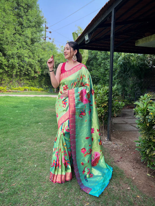 Light Green Color Pure Paithani Saree For Women