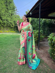 Light Green Color Pure Paithani Saree with All-Over Zari and Meenakari Weaves | Richly Woven Pallu | Stunning Multi-Colored Border | Includes Unstitched Blouse Piece.