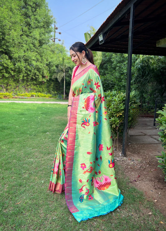 Light Green Color Pure Paithani Saree For Women