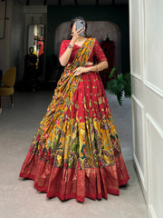 Red Color Tussar Silk Kalamkari Lehenga Choli