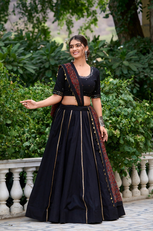 Black Color Printed Pure Cotton Lehenga Choli