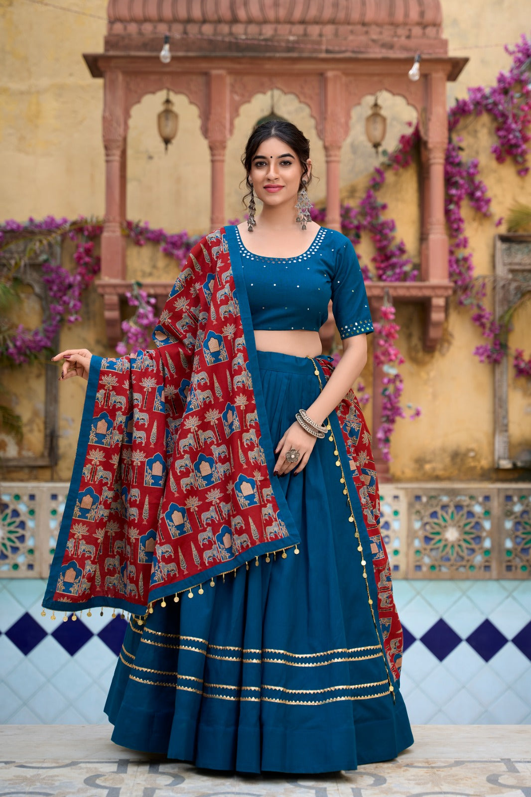 Firozi Color Printed Pure Cotton Lehenga Choli