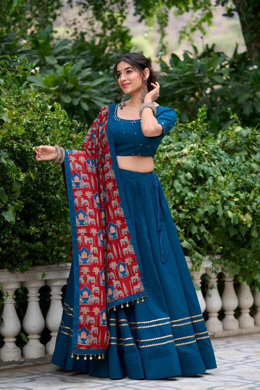 Firozi Color Printed Pure Cotton Lehenga Choli